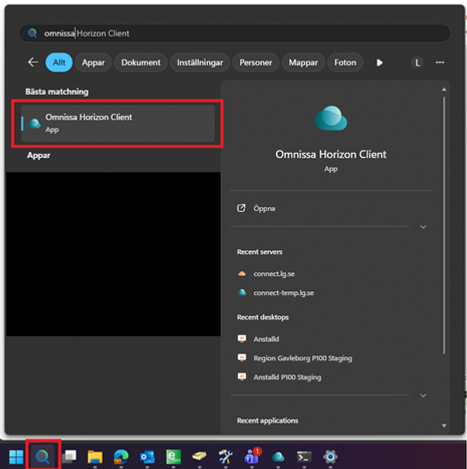 Skärmbild Onnissa Horizon Client
